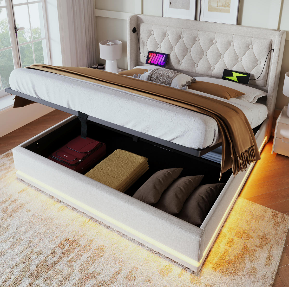 POLSTERBETT 180/200 cm mit hydraulischem Bettkasten, USB/Typ-C & 3-seitiger LED, Beige - Beige, Textil (180/200cm) - Redom
