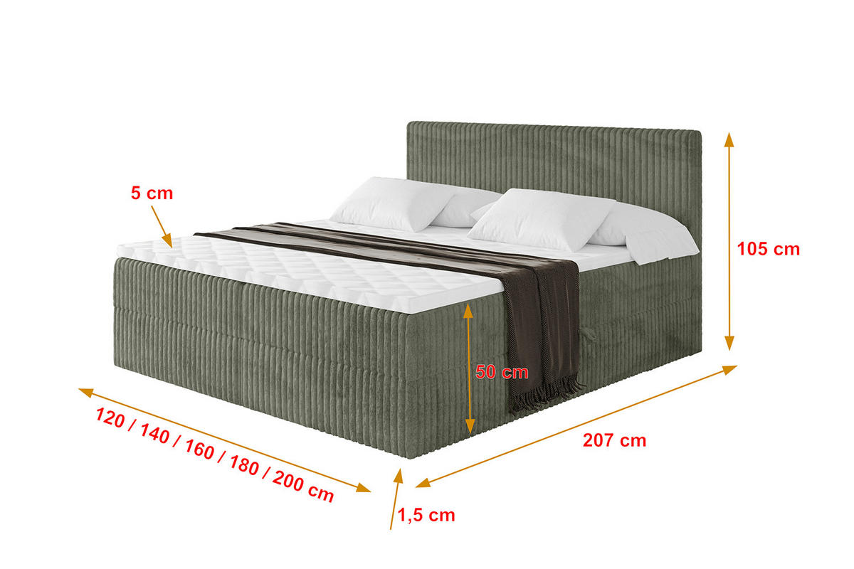 BOXBETT mit Matratze H3 und Lattenrost - TOLO - 200x200 Cord - Olive - Olivgrün, Holzwerkstoff/Kunststoff (200/200cm) - ALTDECOR