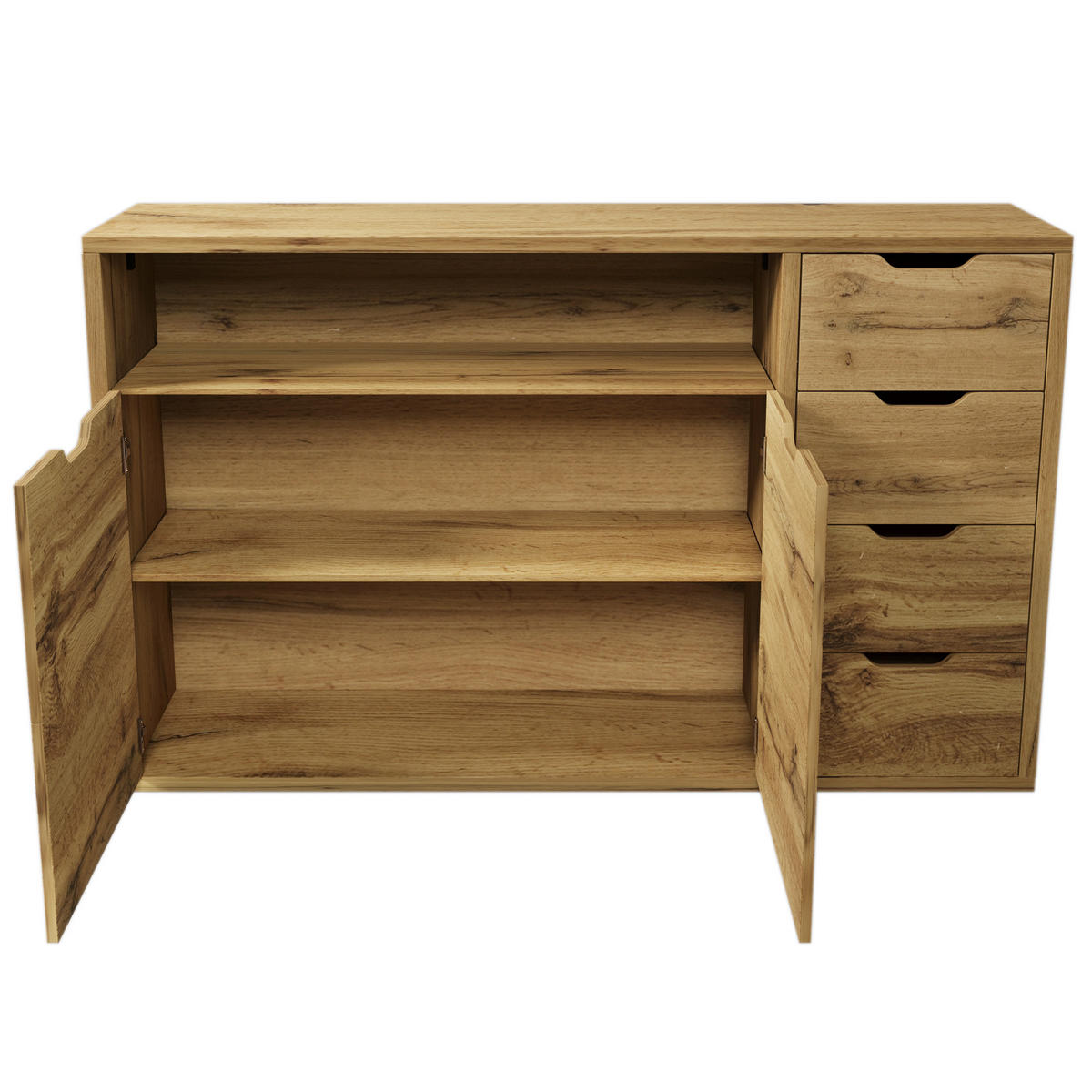 SIDEBOARD aus MDF und Metall 150x40x90 cm Eichefarben/Schwarz mit 2 Türen, 4 Schubladen, offenem Fach und Softclose - Eichefarben, Holzwerkstoff (150/90/40cm) - Modfu