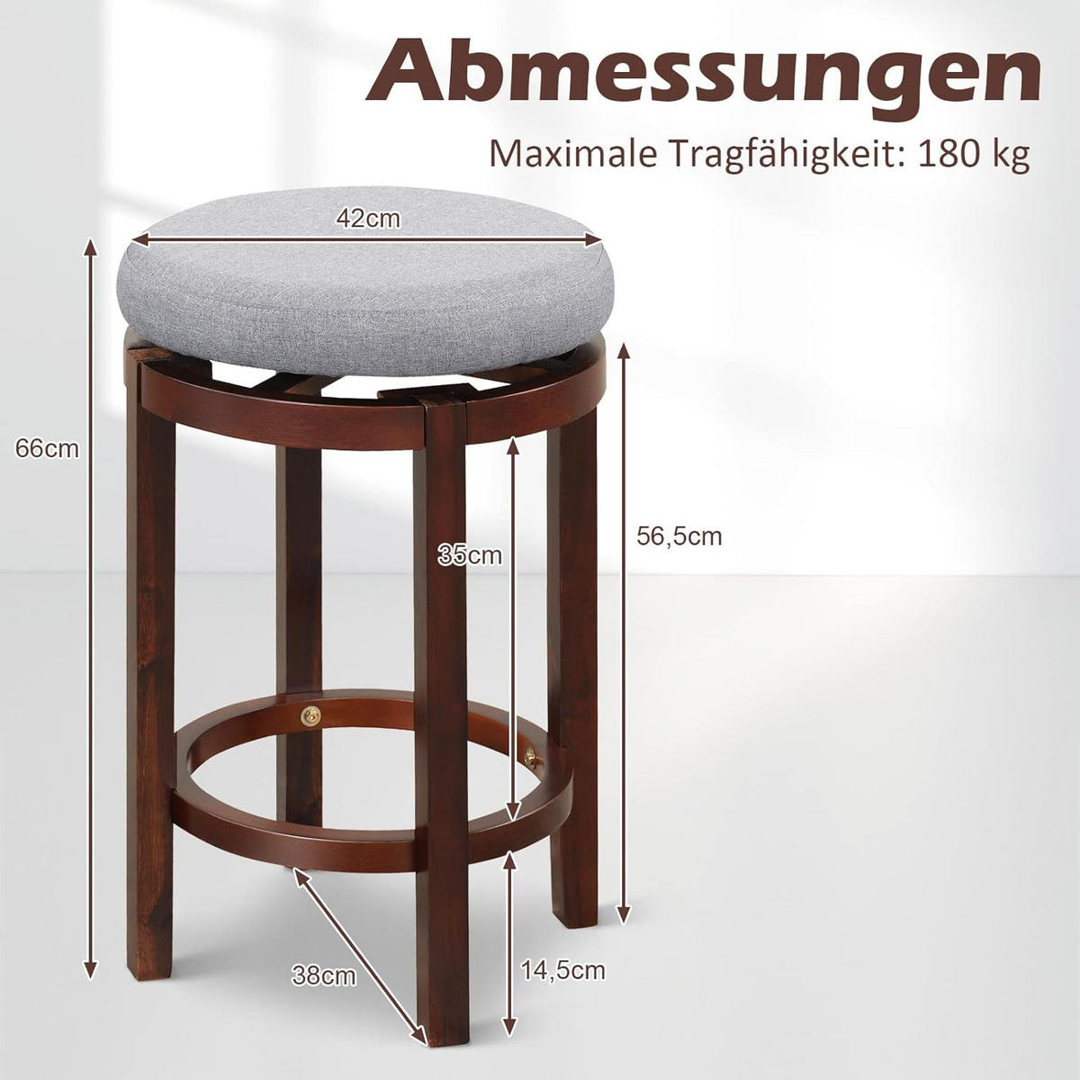 BARHOCKER Gepolstert Grau(2er-Set) - Grau, Holz (42/66/42cm) - COSTWAY