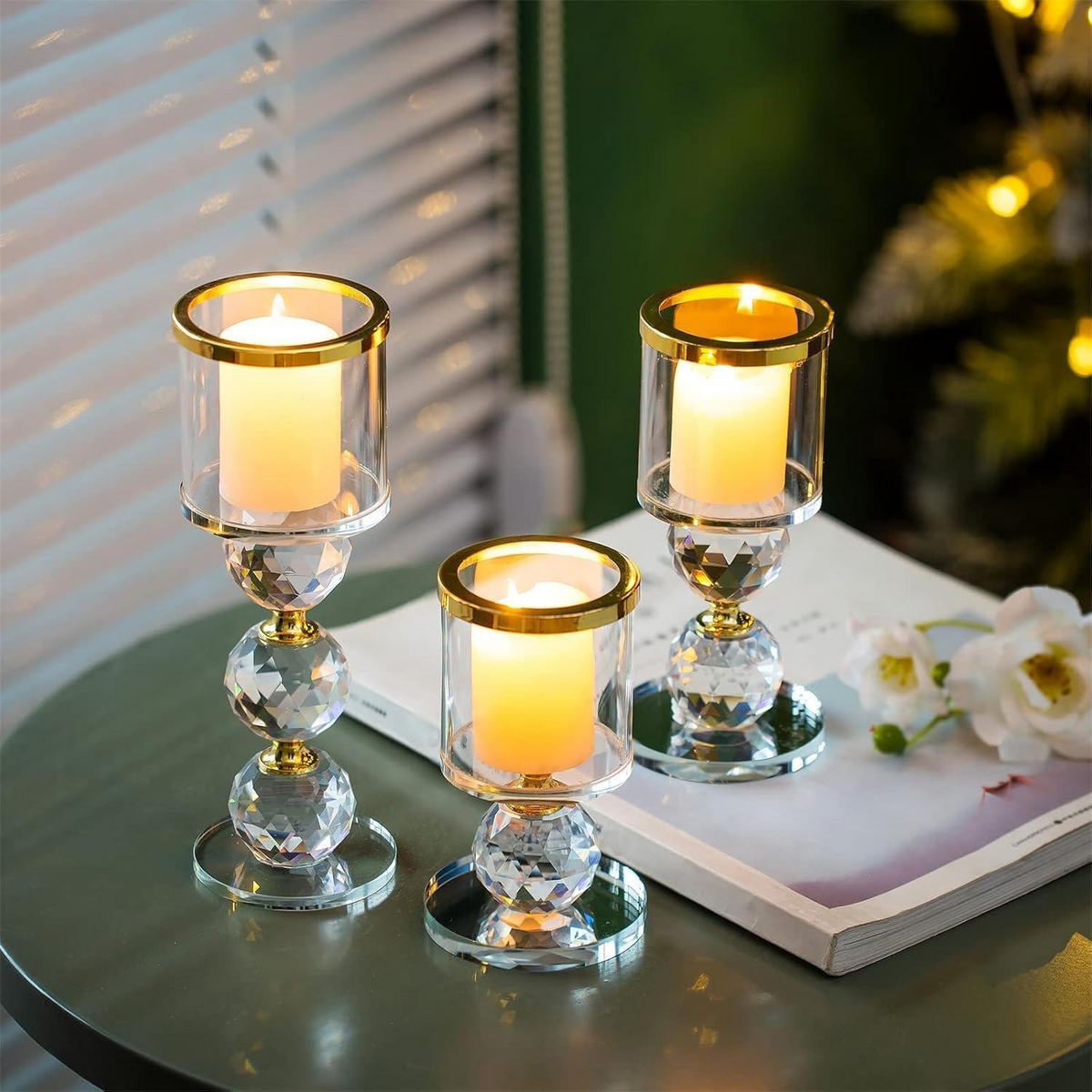 KERZENSTÄNDER 3-teiliges Set Kristall Gold - Goldfarben, Glas (7/19.5/7cm)