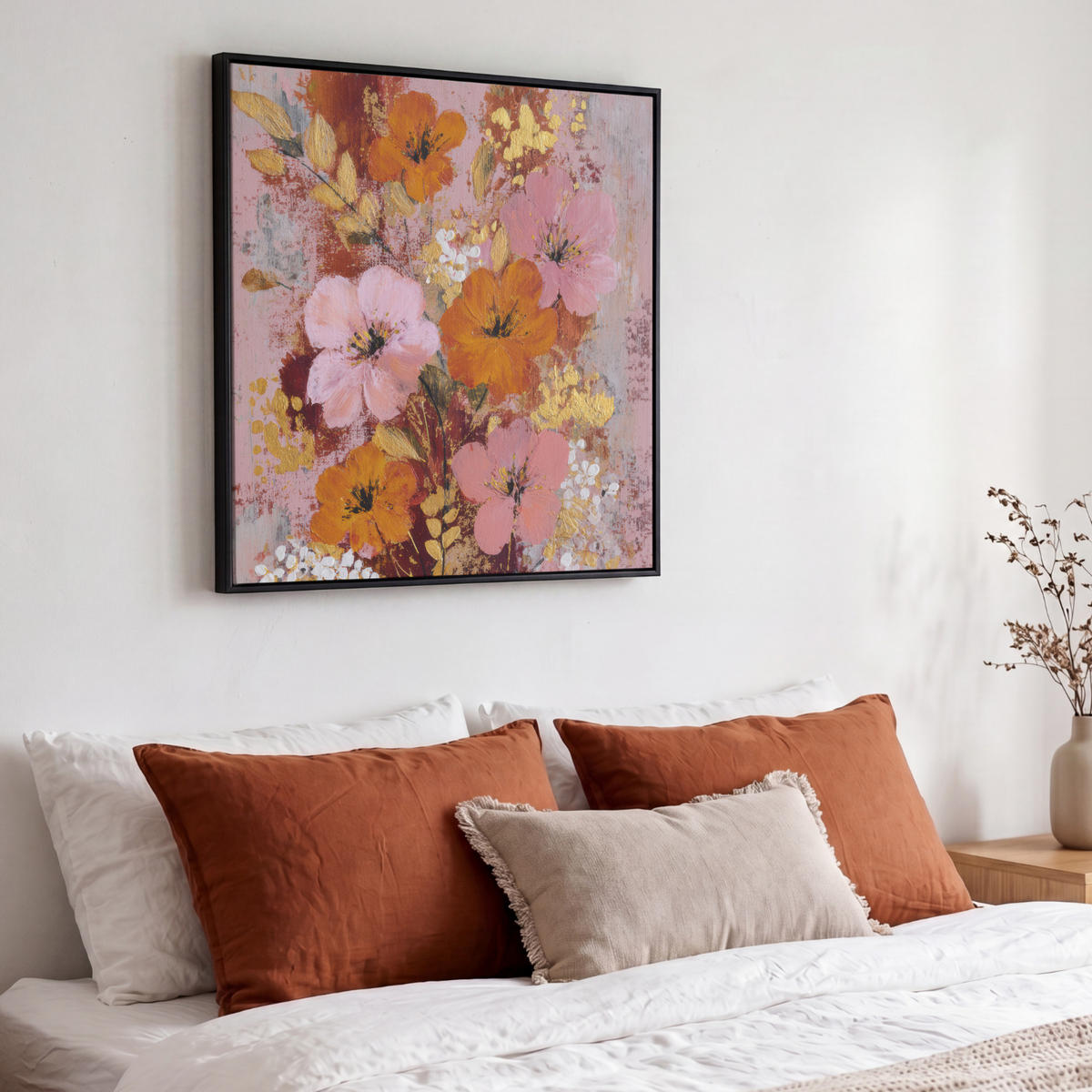LEINWAND Bilder mit Rahmen - Malerei - Blumen - Rustikal - Rosa - 50x50 - Altrosa, Textil (50/50cm) - MuchoWow