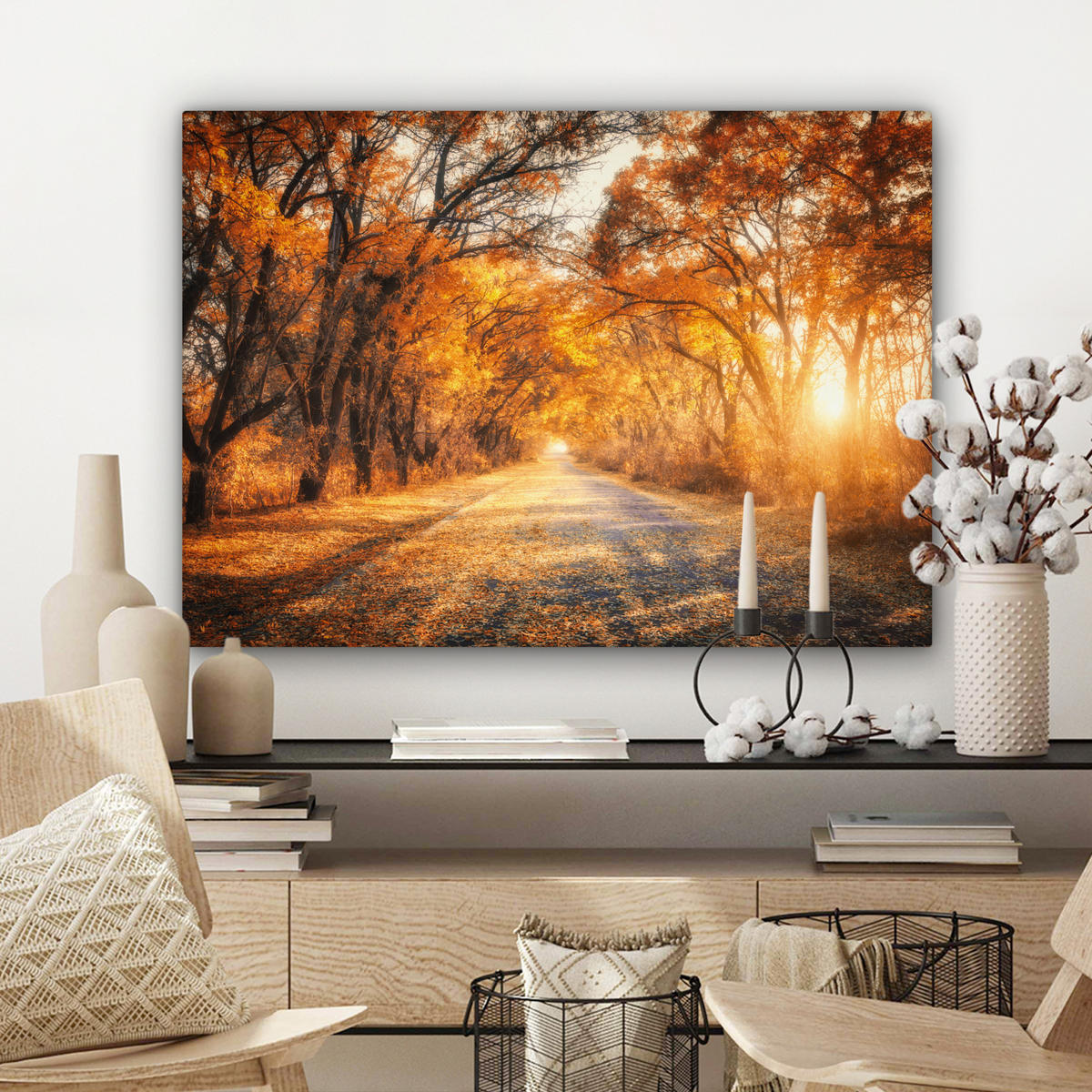 LEINWANDBILD Wald - Herbst - Bäume - Waldweg - Natur Wandbilder 80x60 cm - Bernsteinfarben, Textil (80/60cm) - MuchoWow