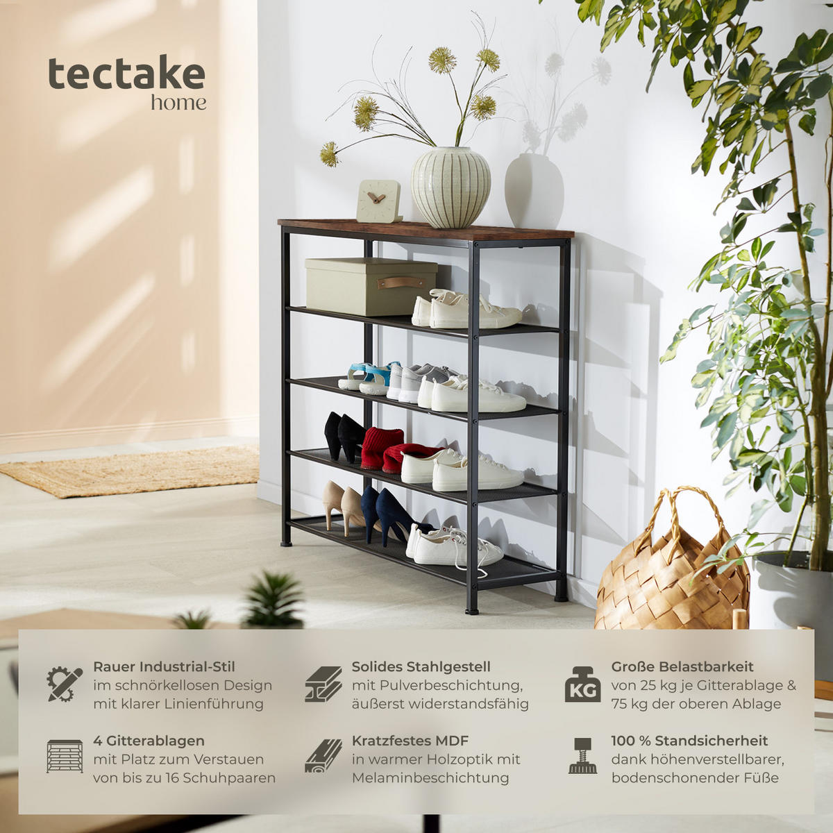SCHUHREGAL Sheffield,100 x 30,5 x 93 cm,Industrial Holz dunkel, rustikal - Rostfarben, Metall (30.5/93/100cm) - tectake