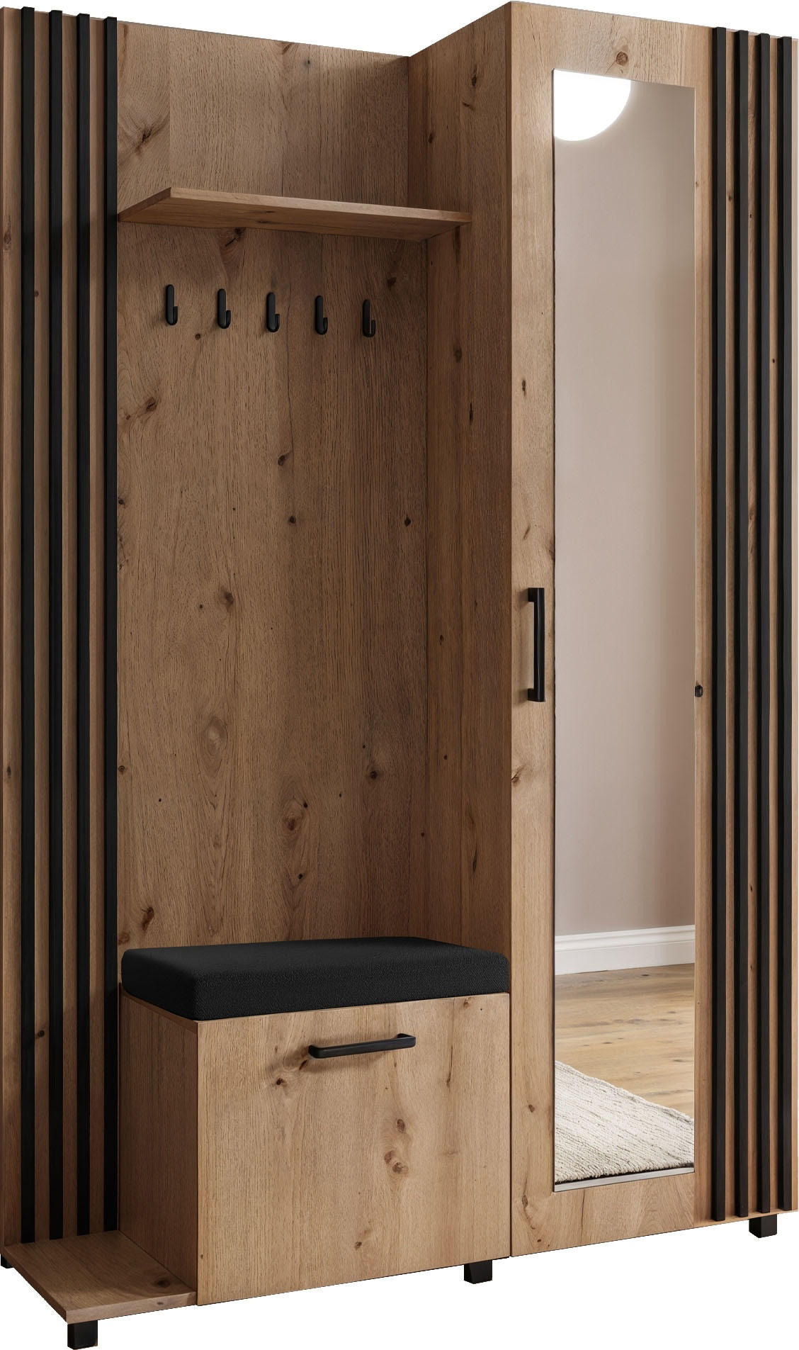 GARDEROBE Linaro mit Spiegel, Sitzbank in Lamellen-Optik 137/207/42 cm, Links - Schwarz/Braun, Holzwerkstoff (137/207/42cm) - WFL GROUP