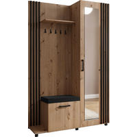 GARDEROBE Linaro mit Spiegel, Sitzbank in Lamellen-Optik 137/207/42 cm, Links - Schwarz/Braun, Holzwerkstoff (137/207/42cm) - WFL GROUP