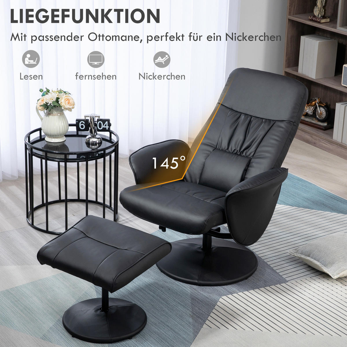 RELAXSESSEL 76/81/101 cm in Schwarz mit Hocker und Liegefunktion - Schwarz, Metall (81/101/76cm) - Flora Grace