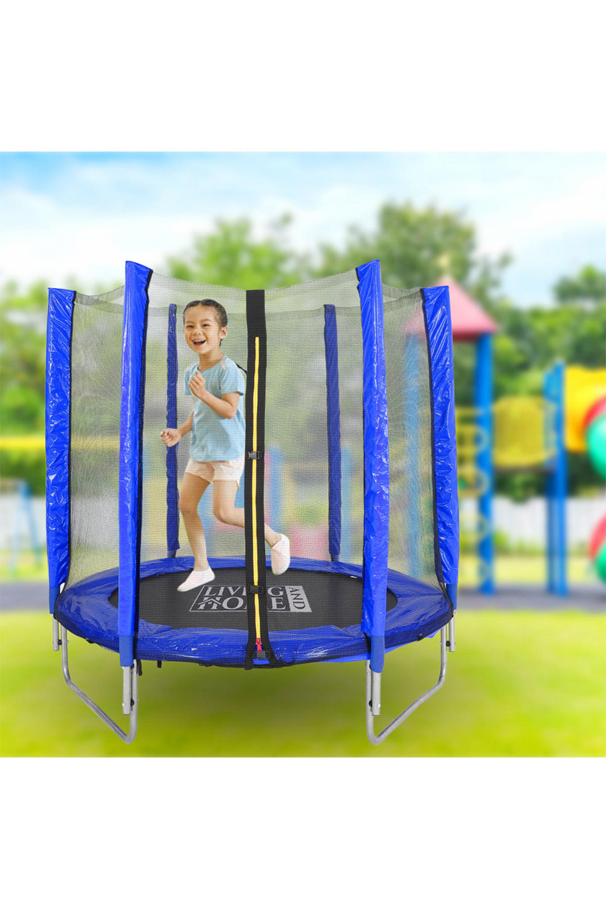 TRAMPOLIN aus Stahl, PP, EPE, Federn in Blau + Schwarz mit Sicherheitsnetz für Kinder 150 cm Durchmesser x 160 cm Höhe - Blau, Metall (150/150/160cm) - Livingandhome