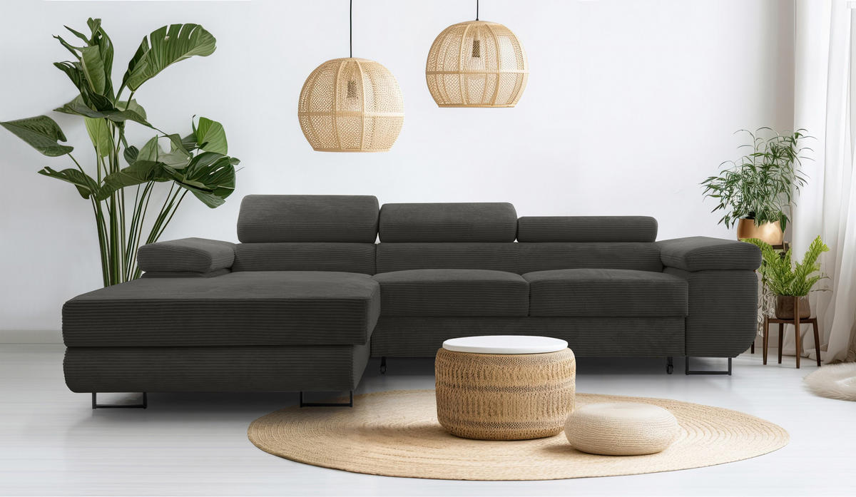 ECKSOFA L Form Arborio Dunkelgrau 280/203/90 cm Links mit Schlaffunktion - Schwarz, Textil/Metall (203/280cm) - AX Living