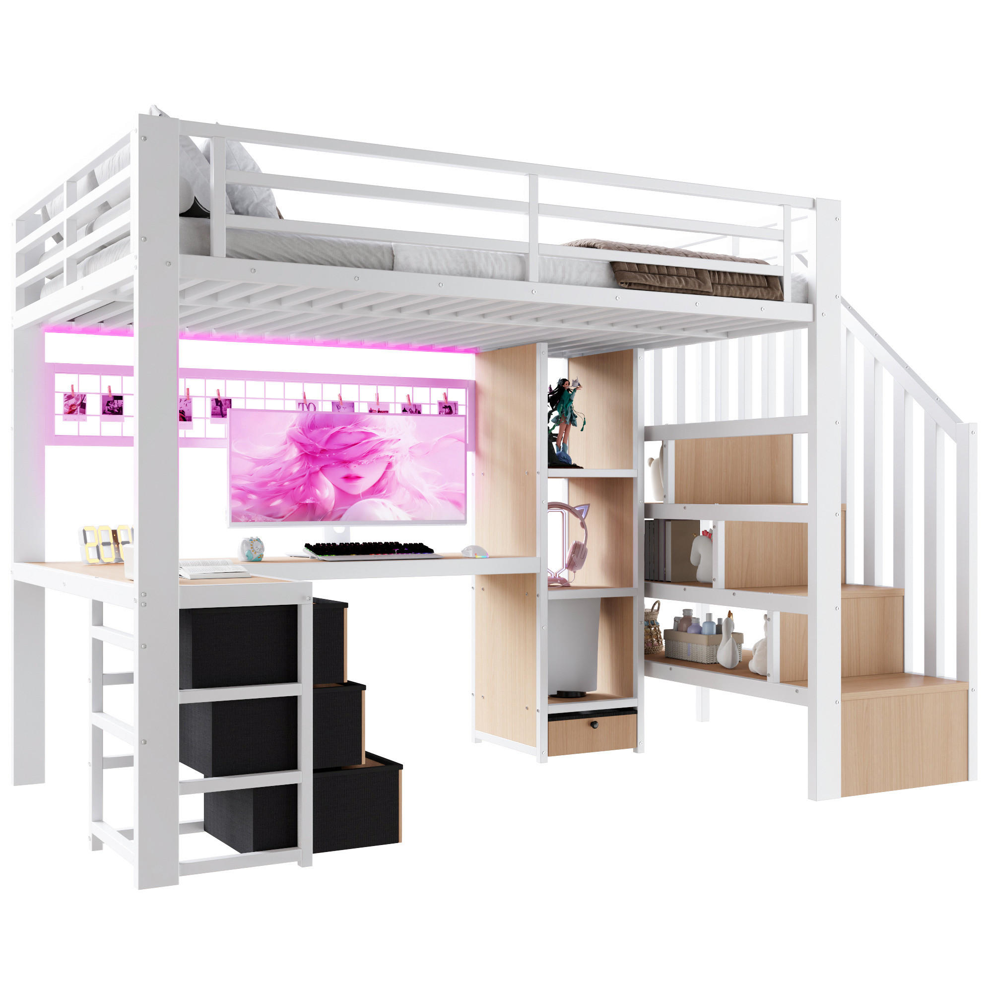HOCHBETT 90/200 cm mit LED-Beleuchtung, Schreibtisch, Stauraumtreppe und 4 Schubladen, Metall/MDF, Weiß - Weiß, Metall (90/200cm) - Redom