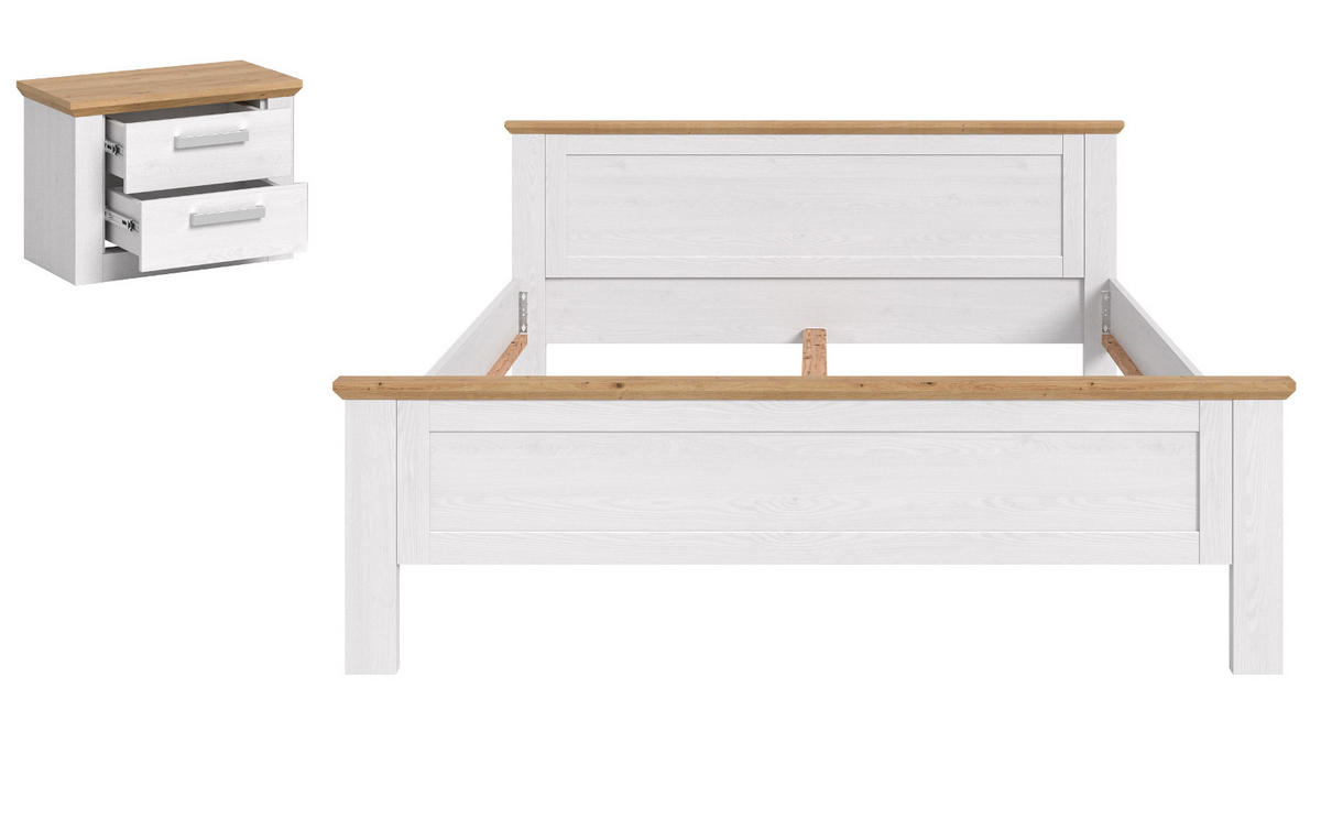 SCHLAFZIMMER weiß Lärche, Eiche Artisan Landhaus Set mit Bett 180 x 200 cm und Nachttisch - Eichefarben/Silberfarben, Holzwerkstoff/Kunststoff (180/200cm) - Inn.Furn
