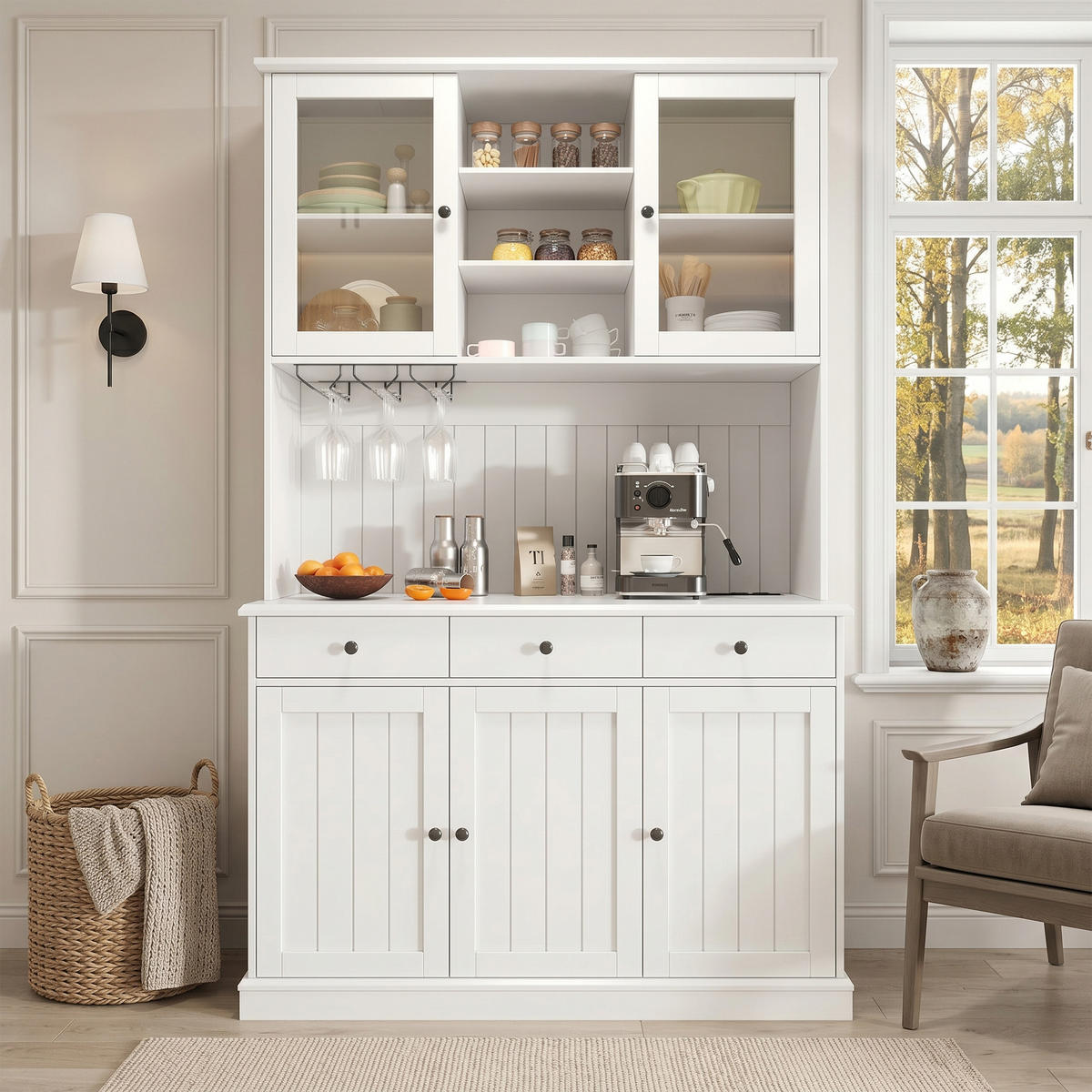 BUFFETSCHRANK 120x40x191 cm, Glastüren, Gläserhalter, 2 Steckdosen, USB-A/USB-C-Anschlüsse, Weiß - Weiß, Holzwerkstoff (120/191/40cm) - FOHERE