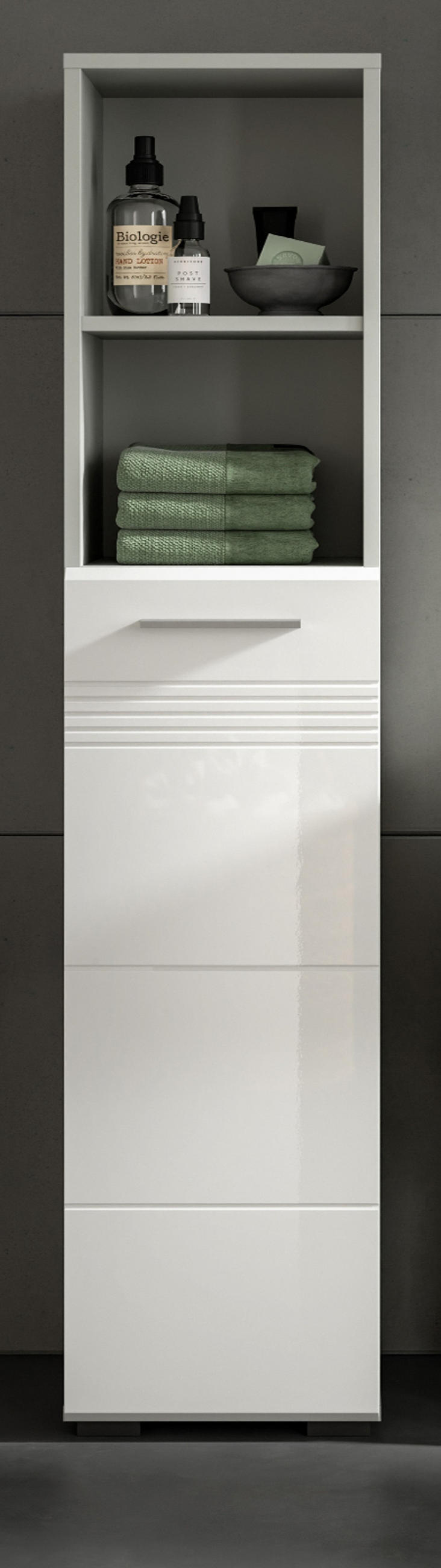 HOCHSCHRANK weiß Hochglanz, grau 30 cm, Badschrank mit Soft-Close - Weiß Hochglanz/Silberfarben, Holzwerkstoff/Kunststoff (30/150/30cm) - Inn.Furn