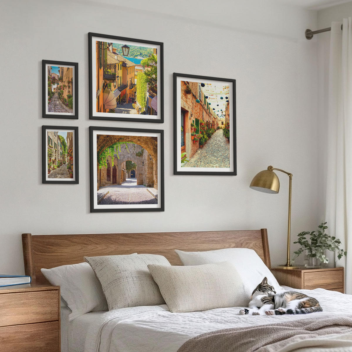 BILDER SET 5er Set - 50x50 cm & 20x30 cm & 40x60 cm Schwarzer Rahmen - Italienische Straßen, Blumen, Architektur - Schwarz, Kunststoff (40/60cm) - TULUP