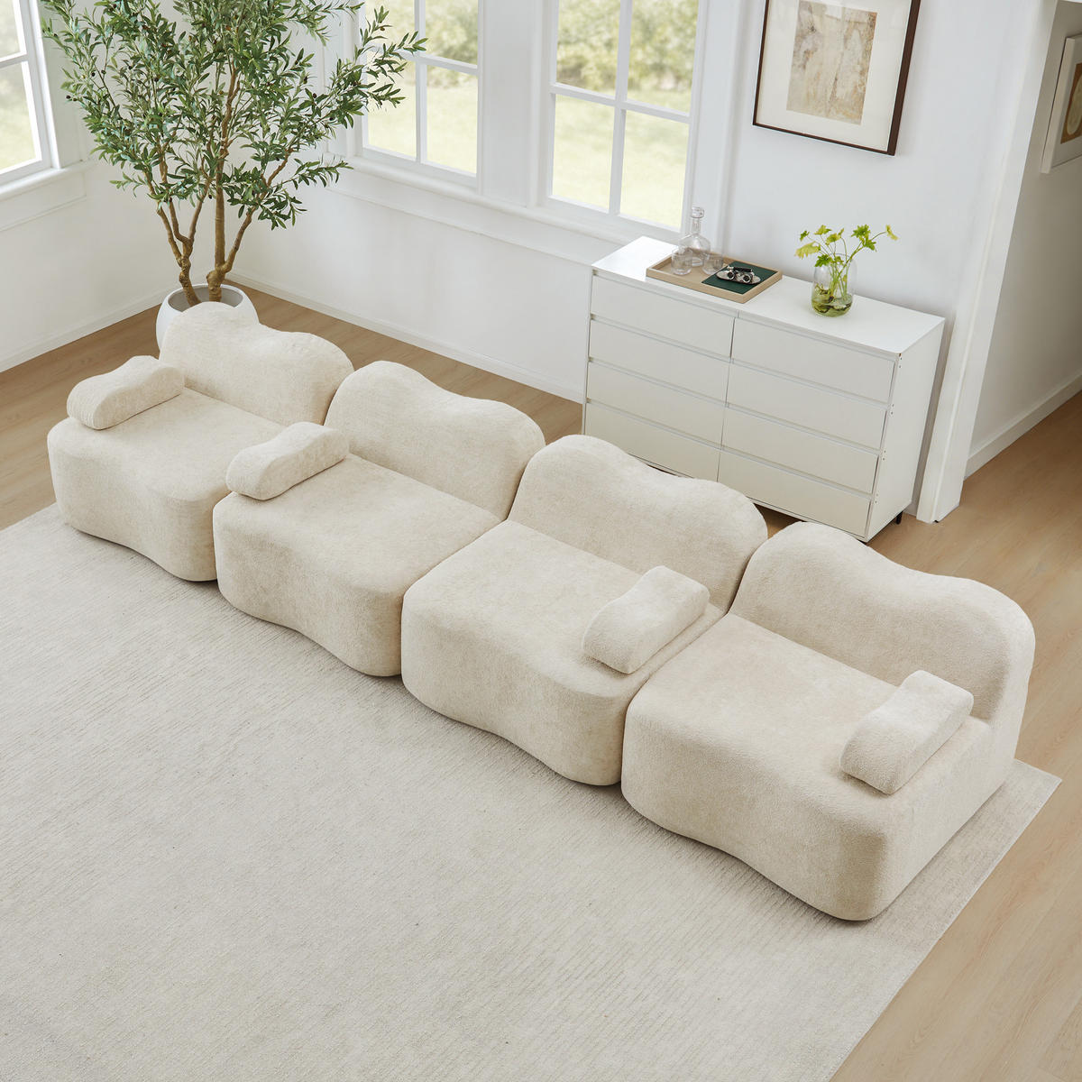 4-SITZER SOFA Samt Beige mit Hocker - Beige, Textil (384/70/98cm) - WISHDOR