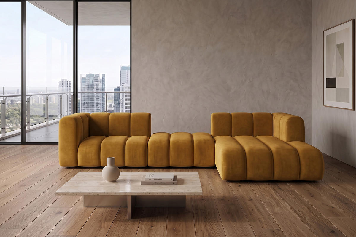 ECKSOFA Modulares In L-Form, Velvet-Stoff Riviera, Senffarbe, Rechts, GRAND 319 cm - Gelb, Holz (319/175cm) - Kaiser Möbel