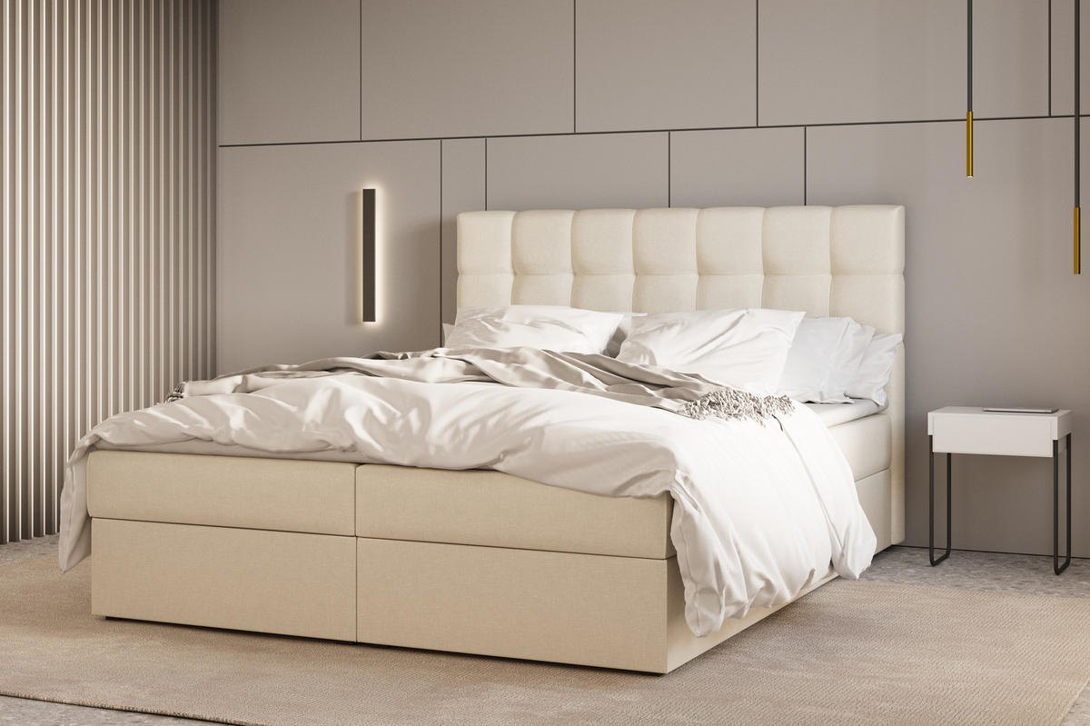 BOXBETT - Bett 05 OSLO - Hugo - 140x200 cm - mit Bettkasten und Waschbarem Topper - Beige, Holz (140/200cm) - ROYAL24_MARKT
