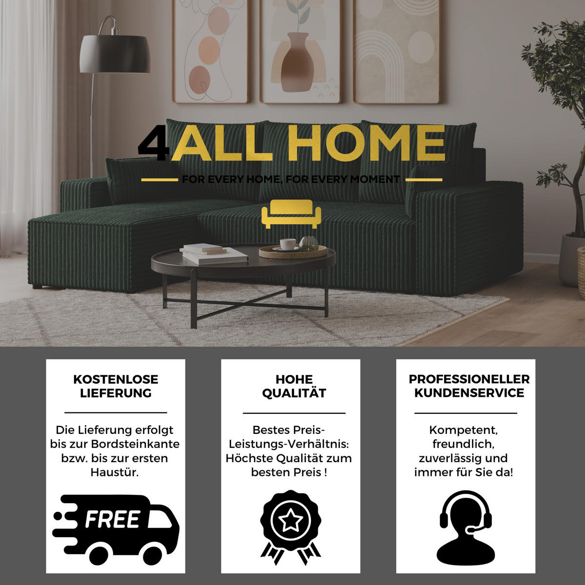 ECKSOFA Tobi mit Bettkasten und Schlaffunktion, L-Form, Cordstoff, Universal - Dunkelgrün, Holzwerkstoff (246/145cm) - 4ALL HOME