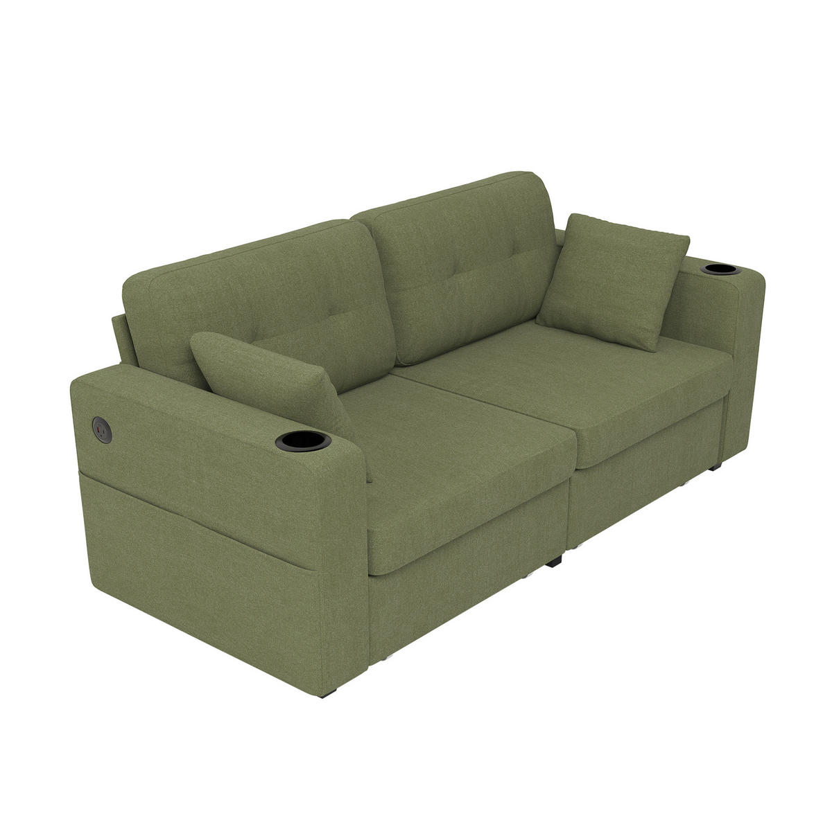 2-SITZER-SOFA 172/75/82 cm mit USB-Anschlüssen, Stauraumschubladen, Getränkehaltern und Seitentaschen, Olive - Salbeigrün, Textil (172/82/75cm) - Redom