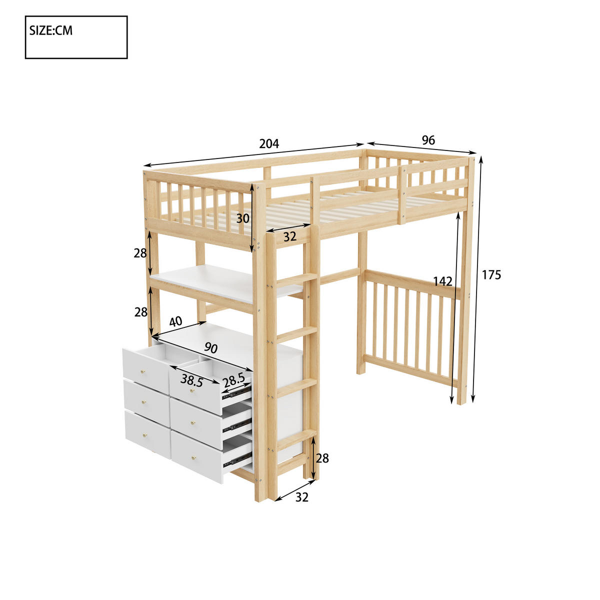 HOCHBETT 90/200 cm mit vertikaler Sicherheitsleiter und Schubladen - Naturfarben, Holz (90/200cm) - OKWISH