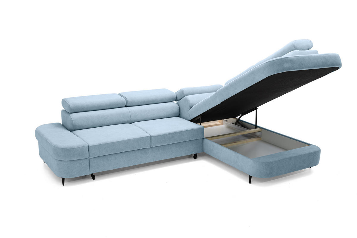 ECKSOFA PRIAM L Rechts mit Schlaffunktion 125x195 Velours Hellblau - Schwarz/Hellblau, Holz/Textil (203/275cm) - Muffo