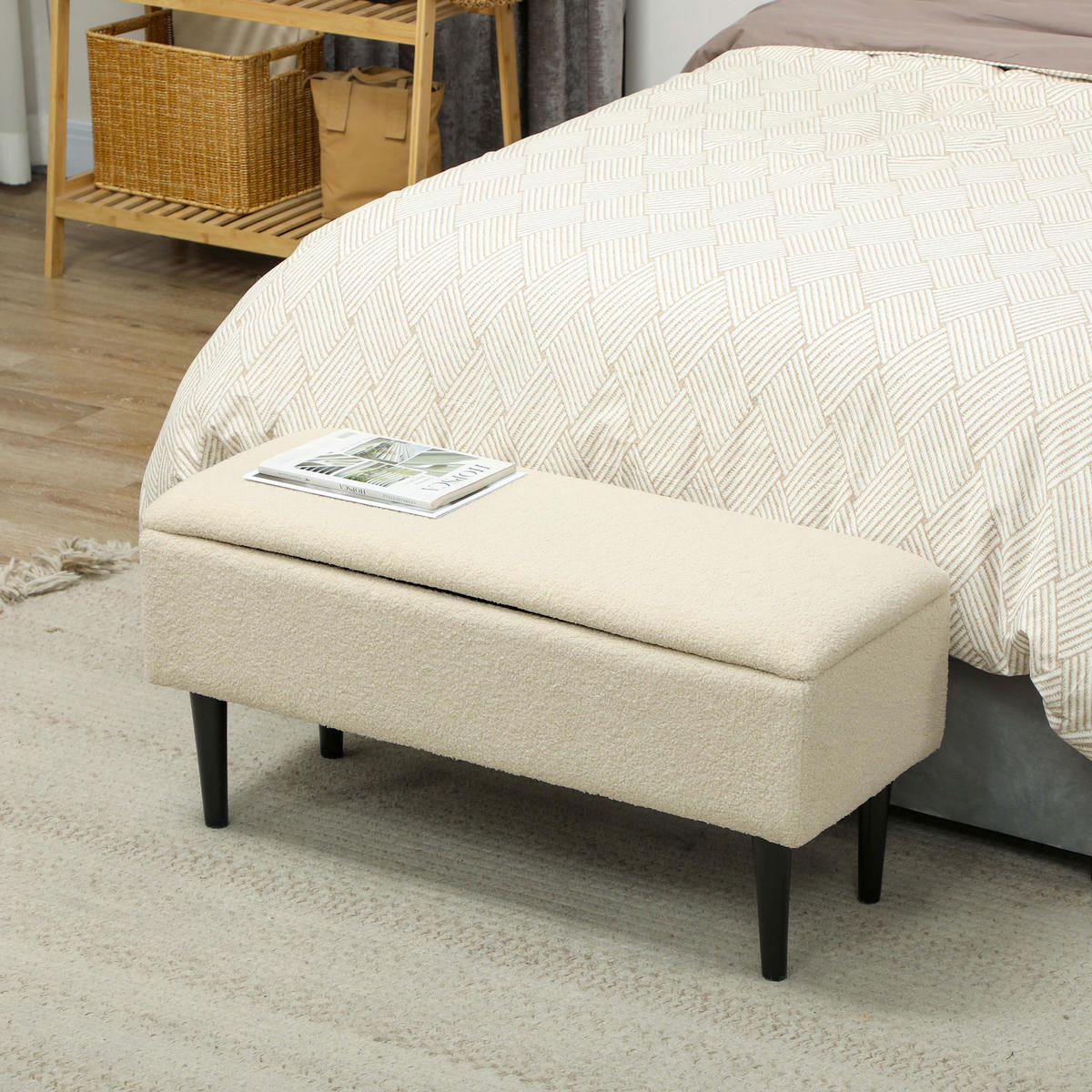 SITZBANK mit Stauraum, Bettbank, Polsterbank mit Klappdeckel, Samt, Creme - Creme, Kunststoff (38/45/95cm) - HOMCOM