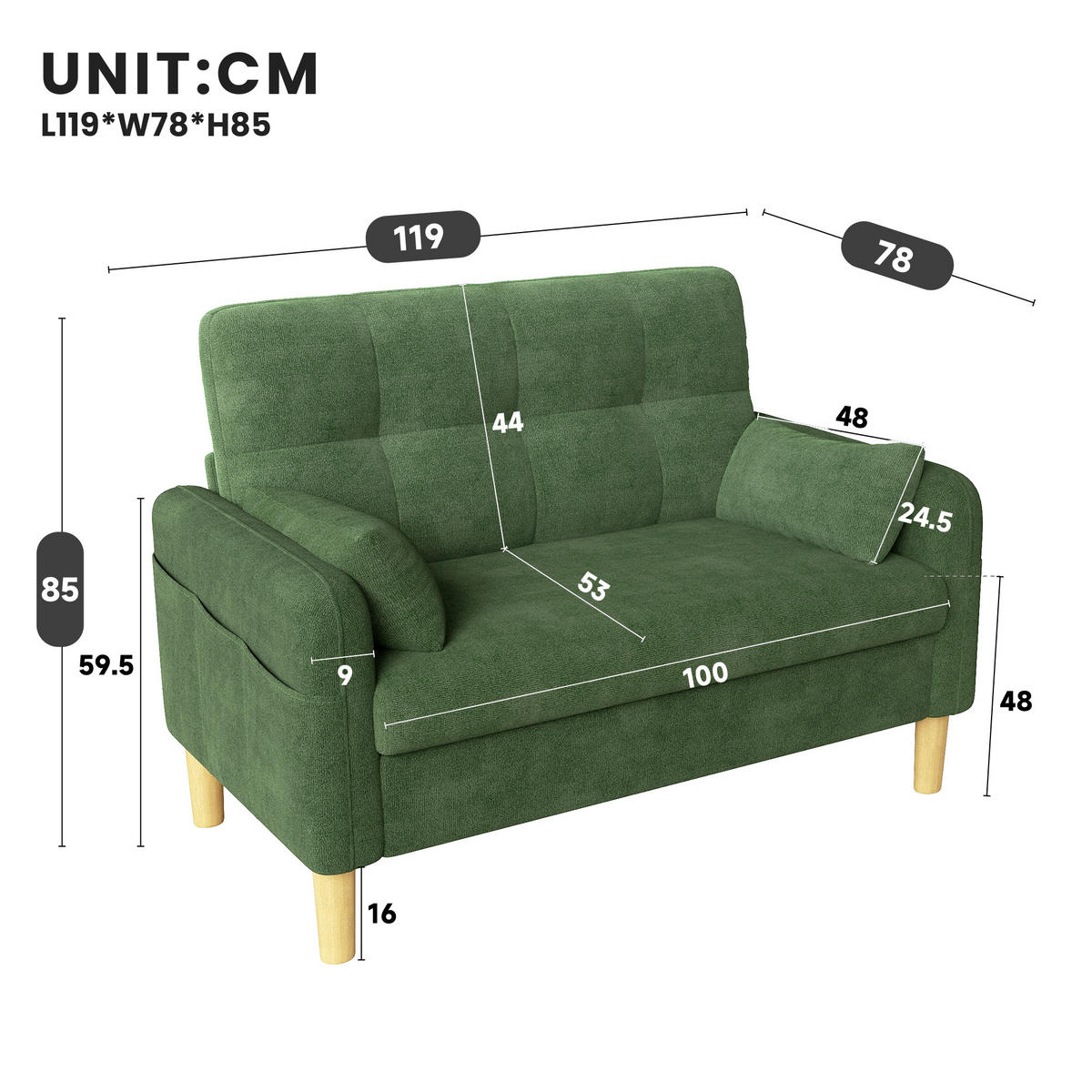 2-SITZER-SOFA DE-33242 mit weichen Polstern und Seitentasche Grün - Grün, Holzwerkstoff (119/85/78cm) - ComfortXL