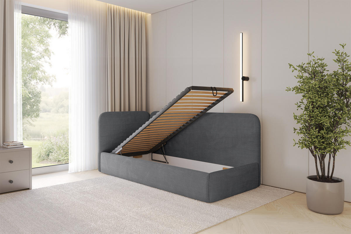 EINZELLBETT Jugendbett mit Bettkasten und Matratze H3/H4, Rechts - ELSY 80x200 Dunkelgrau - Schieferfarben, Holzwerkstoff/Textil (80/200cm) - ALTDECOR