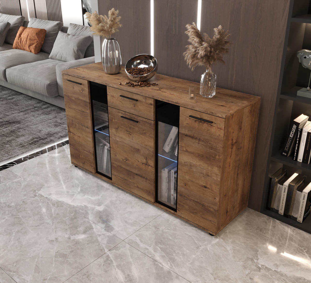 KOMMODE London LSK mit 3 Türen, Sideboard in Farbe: Braun, Größe: 140 x 80 x 40 cm - Braun, Holzwerkstoff (140/80/40cm) - O-Sofa