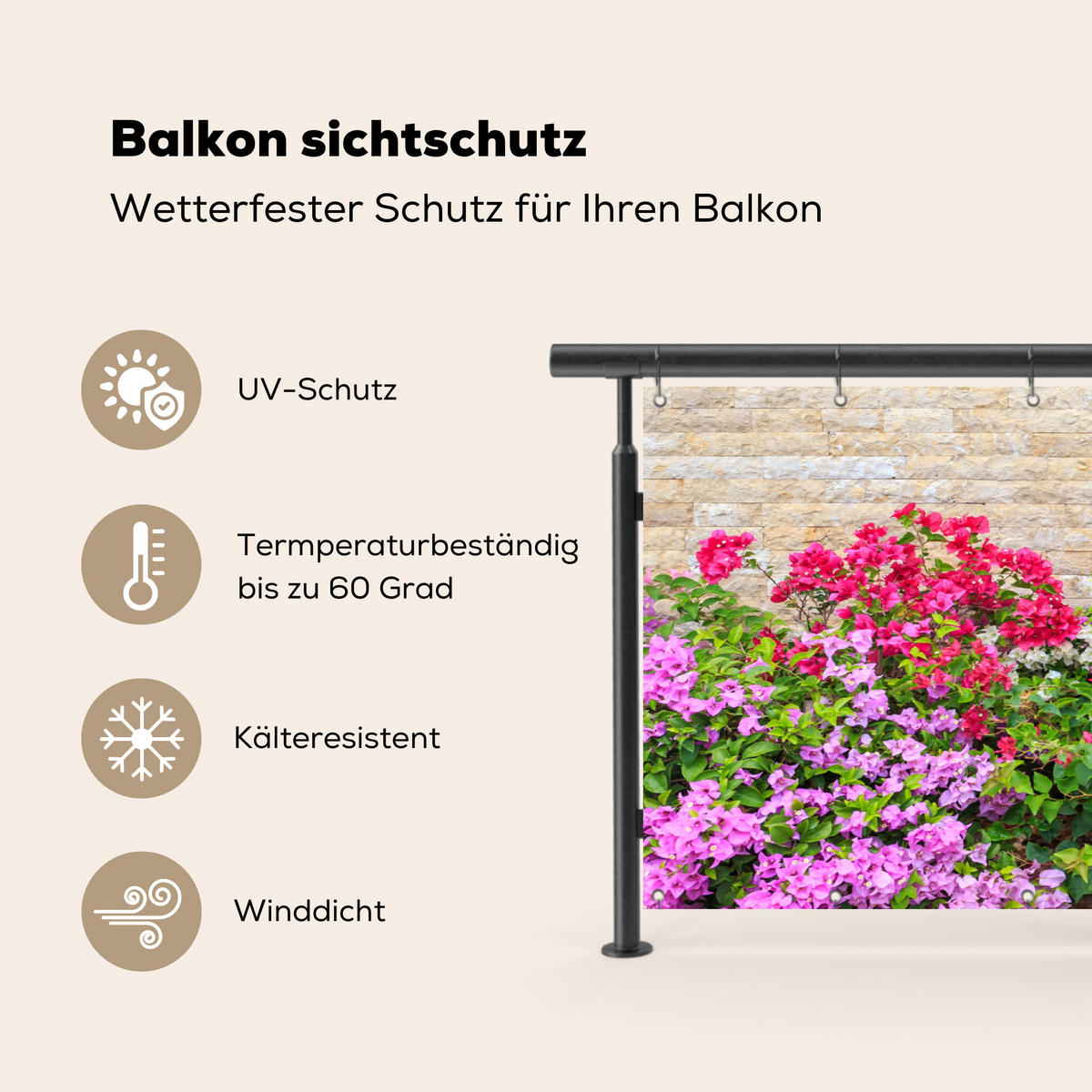 BALKON-SICHTSCHUTZ Blumen - Pflanzen - Blätter - Steine - Pink, Kunststoff (300/130cm) - MuchoWow