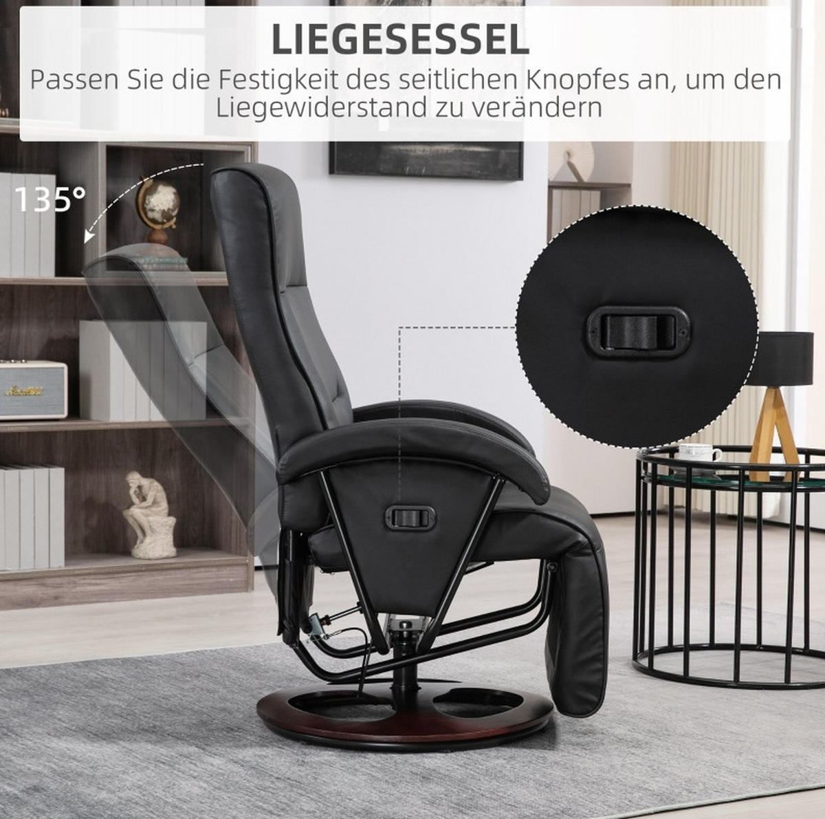 RELAXSESSEL in Schwarz 66x86x107 cm mit Fußstütze, 360° drehbar und bis 135° neigbar - Schwarz, Kunststoff (86/107/66cm) - IVMEU