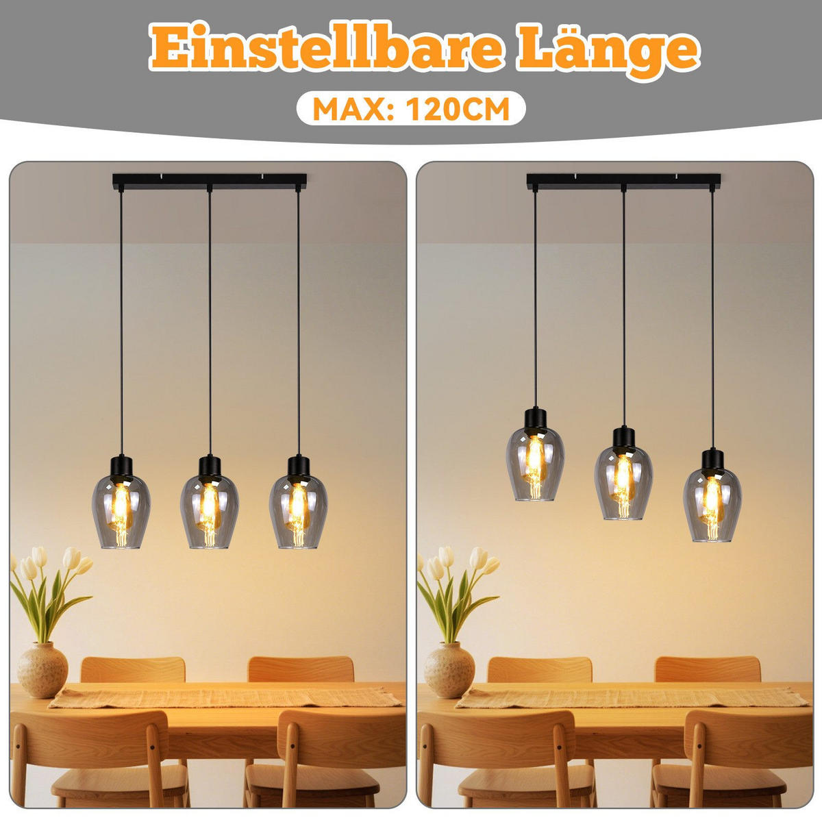 PENDELLEUCHTE BIRKENFELD Ⅲ 48/5/120 cm - Schwarz, Metall (48/5/120cm) - Nettlife