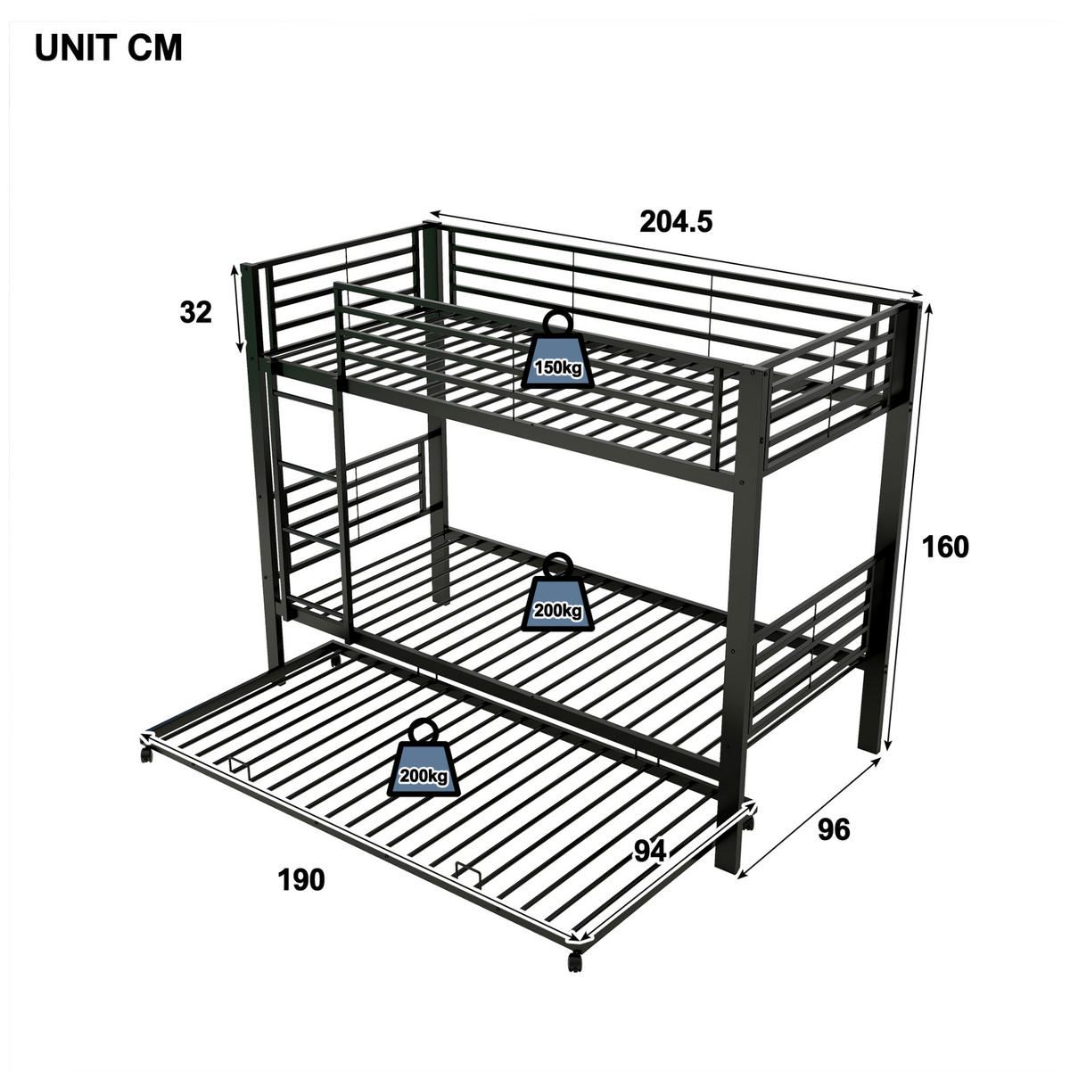 ETAGENBETT 90/200 cm in Schwarz aus Metall mit Bett für 3 Schlafplätze - Schwarz, Metall (90/200cm) - Flora Grace
