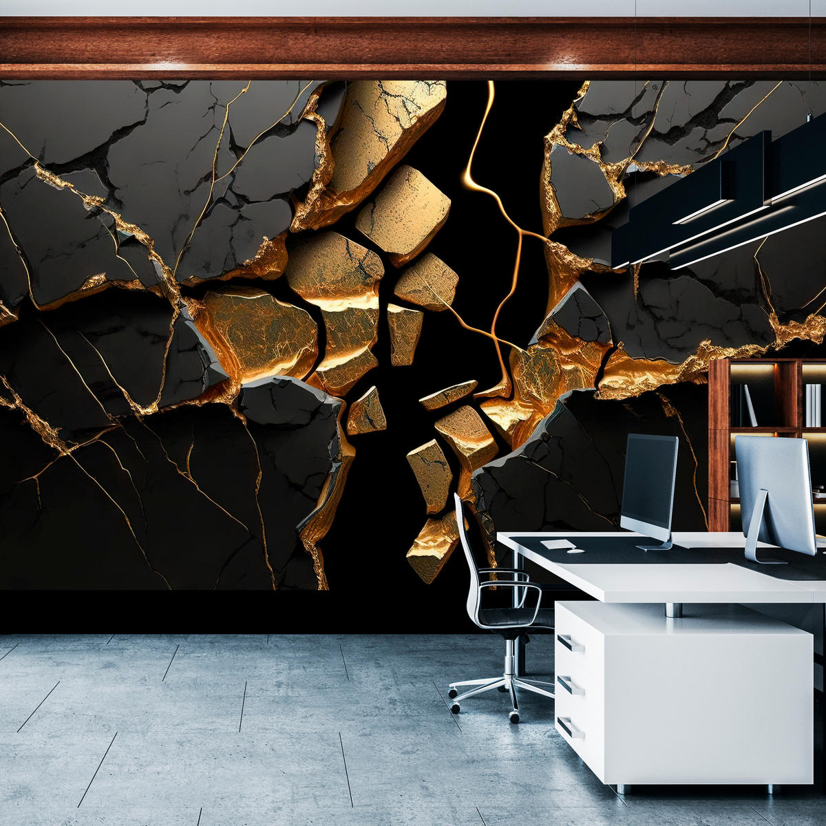 FOTOTAPETE für Wohnzimmer Schwarzer Abstrakter Marmor Gold Risse Wand 200x140 - Schwarz, Papier (200/140cm) - Muralo