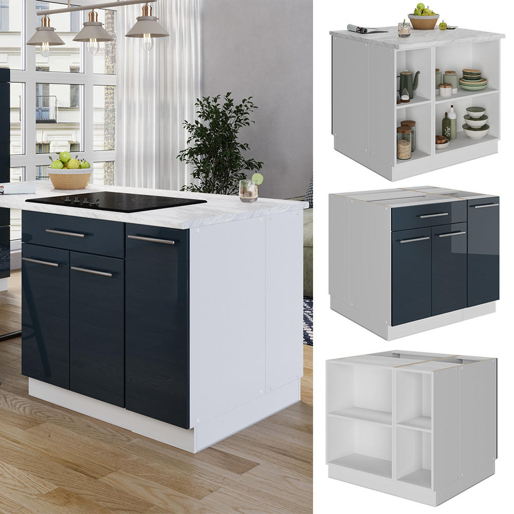 KÜCHENINSEL Fame-Line Dunkelblau Hochglanz 90 cm mit Schublade ohne AP - Dunkelblau/Weiß, Holzwerkstoff (90/82/60cm) - Vicco
