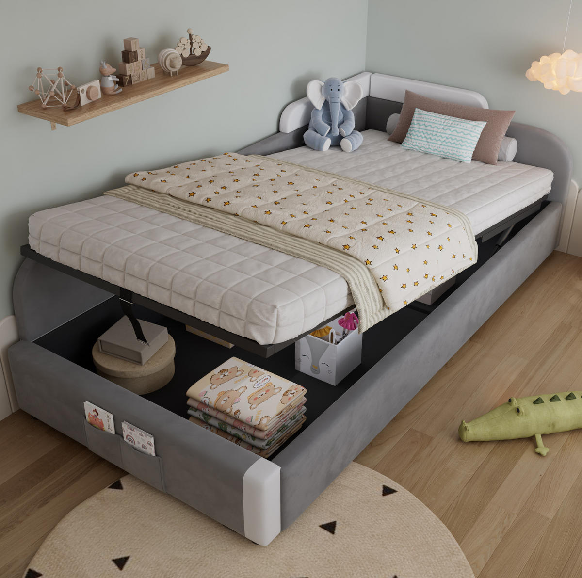 KINDERBETT 90/200 cm grau-weiß aus Samt mit Stauraum - Grau, Holzwerkstoff (90/200cm) - OKWISH
