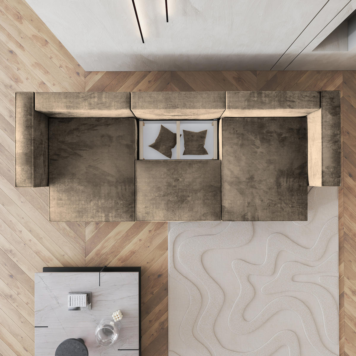 WOHNLANDSCHAFT SARMO M Beige Velours-Stoff mit Schlaffunktion - Beige, Holz (347/70/148cm) - MASSENO