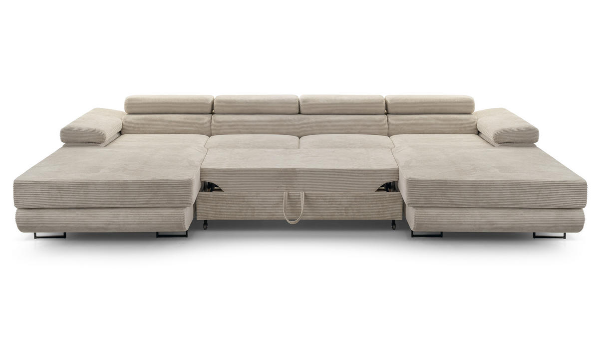 WOHNLANDSCHAFT Arborio Weiß 352/202/90 cm mit Schlaffunktion - Creme/Schwarz, Textil/Metall (352/90/202cm) - AX Living
