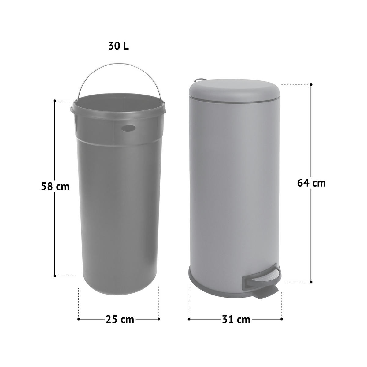 MÜLLEIMER T30 - Grau, Metall (31/64/31cm) - SVITA