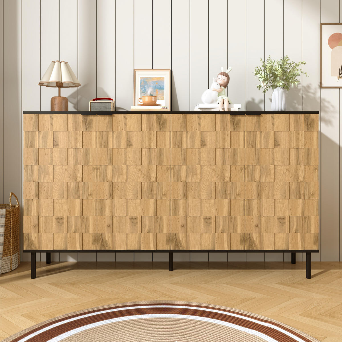 SIDEBOARD 160/35/80,5 cm mit 2 Türen in Natur/Schwarz & Mosaikfronten - Naturfarben, Holzwerkstoff (160/80/35cm) - BEAOK
