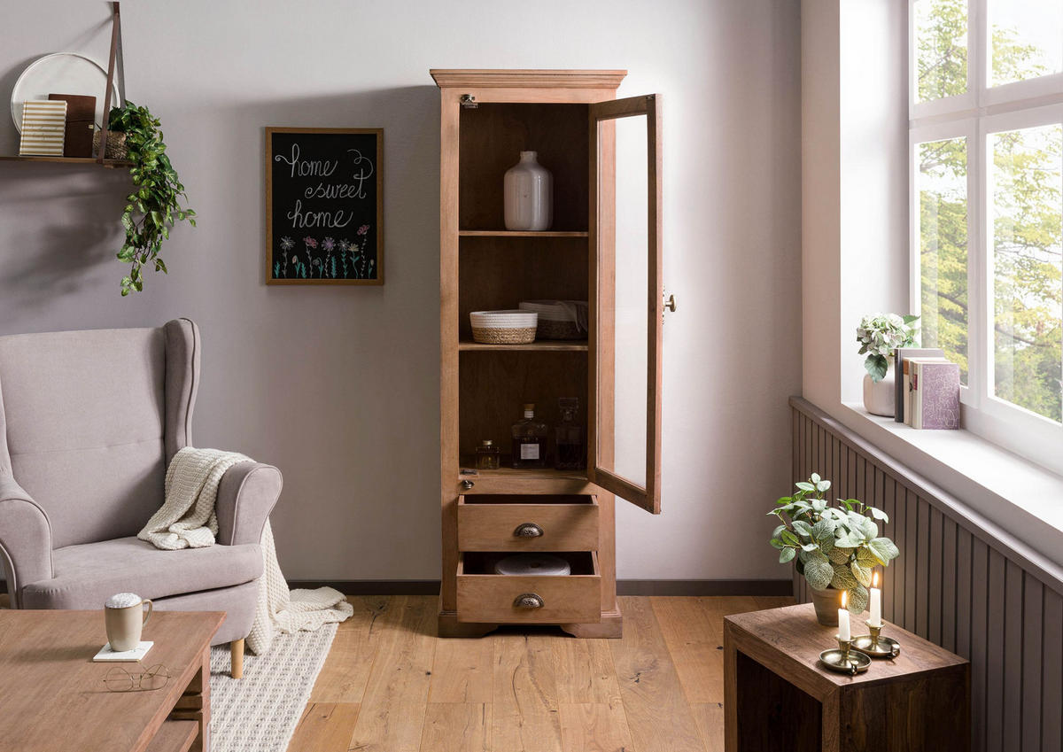 VITRINE Mango 65x45x190 beige geölt TOULOUSE #02 - Beige, Holz (65/190/45cm) - Massivmoebel24