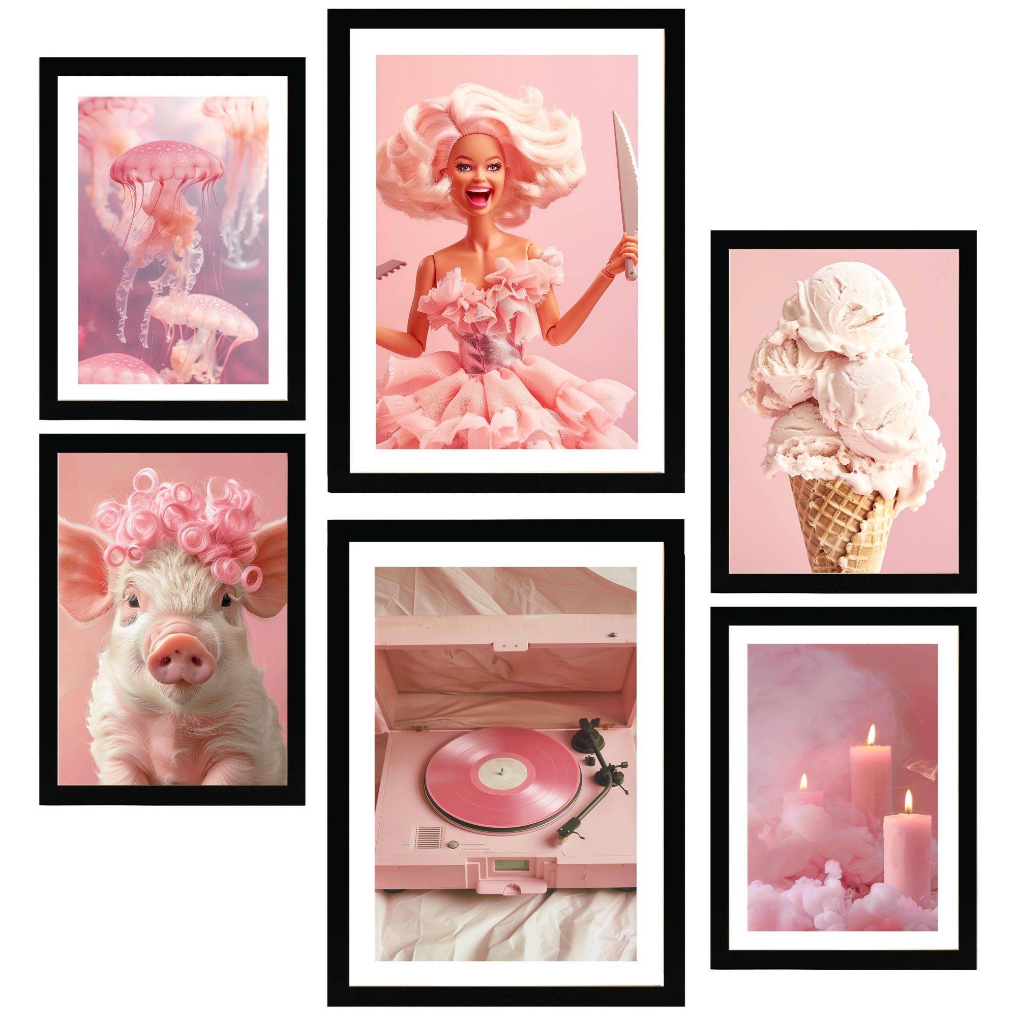POSTER Set Mit 6 Ikonisches Pink, Kräftige Und Jugendliche Designillustration Ihres Zuhauses A3 & A4 Schwarzer Rahmen - Schwarz, Papier (29/3cm) - Nacnic