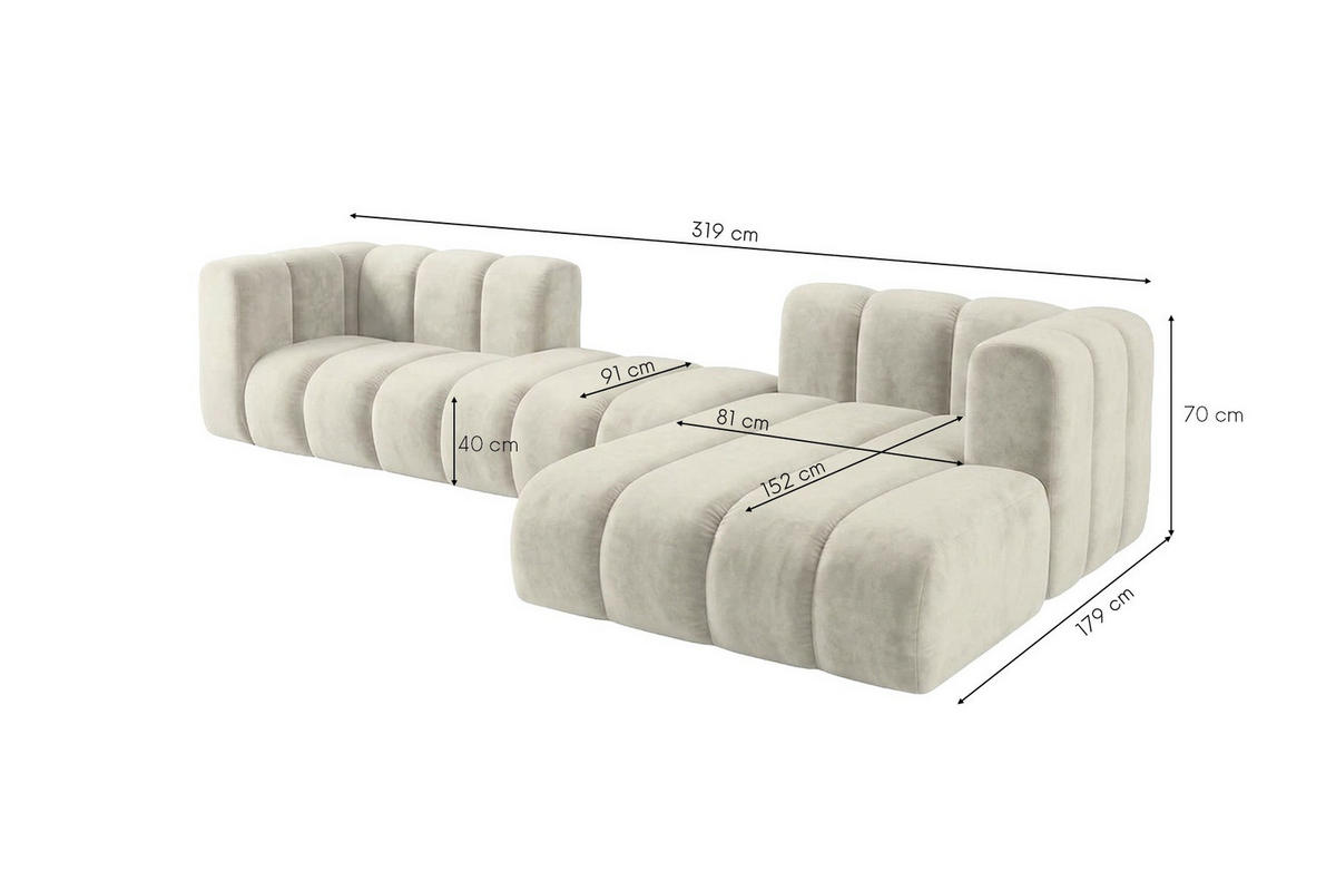 ECKSOFA Modulares In L-Form, Velvet-Stoff Riviera, Ecru, Rechts, GRAND 319 cm - Creme, Holz (319/175cm) - Kaiser Möbel