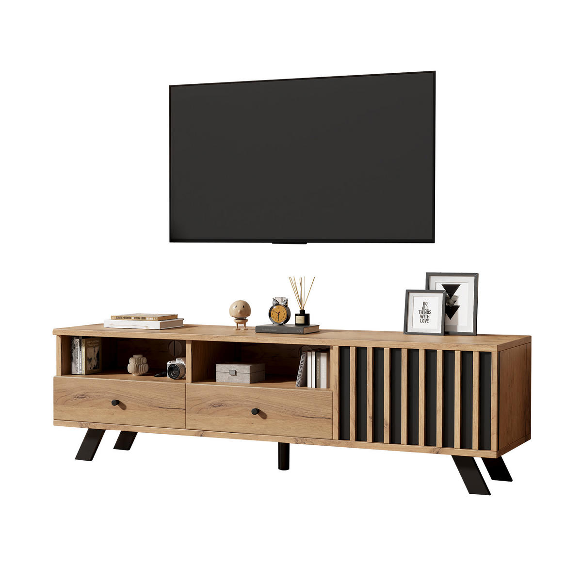 LOWBOARD 150/38/44 cm in Naturholzfarben/Schwarz mit 2 Schubladen und 1 Schrank - Naturfarben, Holzwerkstoff (150/44/38cm) - Flora Grace