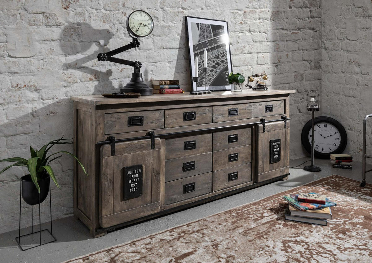 SIDEBOARD Mango 200x45x90 grau lackiert RAILWAY #222 - Grau, Holz (200/90/45cm) - Massivmoebel24