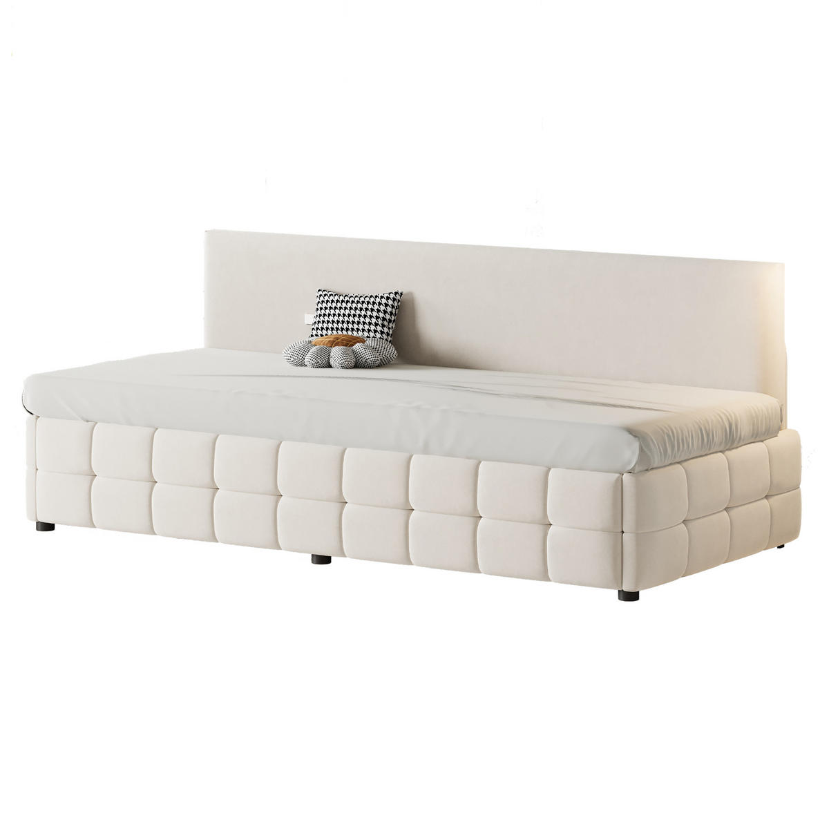 POLSTERBETT 90/200 cm Beige mit hydraulischem Stauraum und klassischem Karomuster - Beige, Textil (90/200cm) - OKWISH