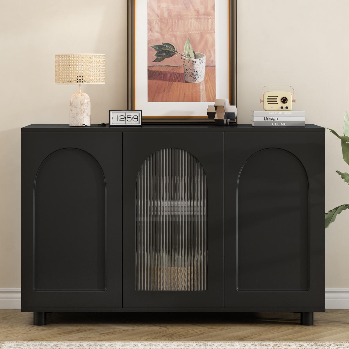 SIDEBOARD 40/69,5 cm černá z MDF, s push-to-open a skleněnou vložkou - černá, kompozitní dřevo (120/78.5/40cm) - BEAOK