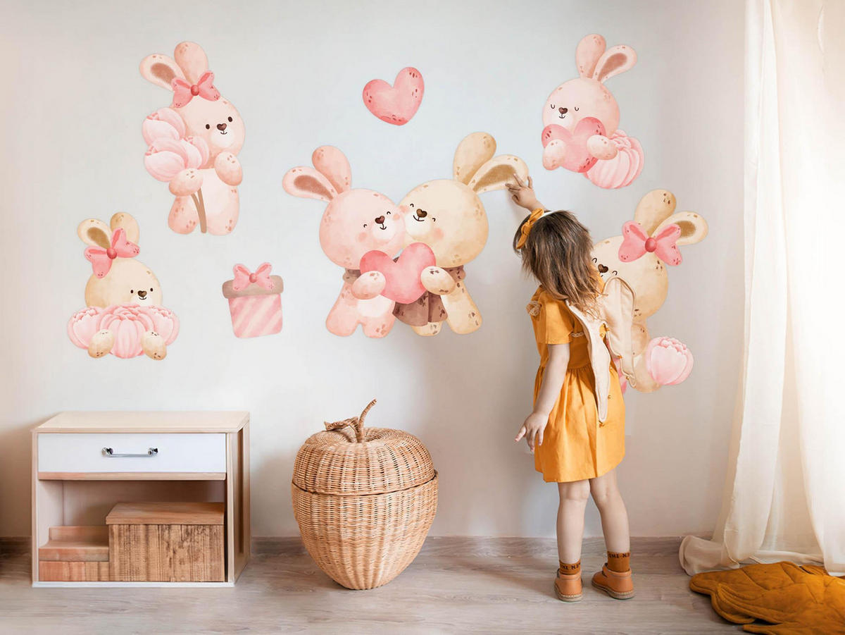 WANDAUFKLEBER 80x110cm - Hasenfamilie - Multicolor, Kunststoff (80/110/0.1cm) - Wallfluent