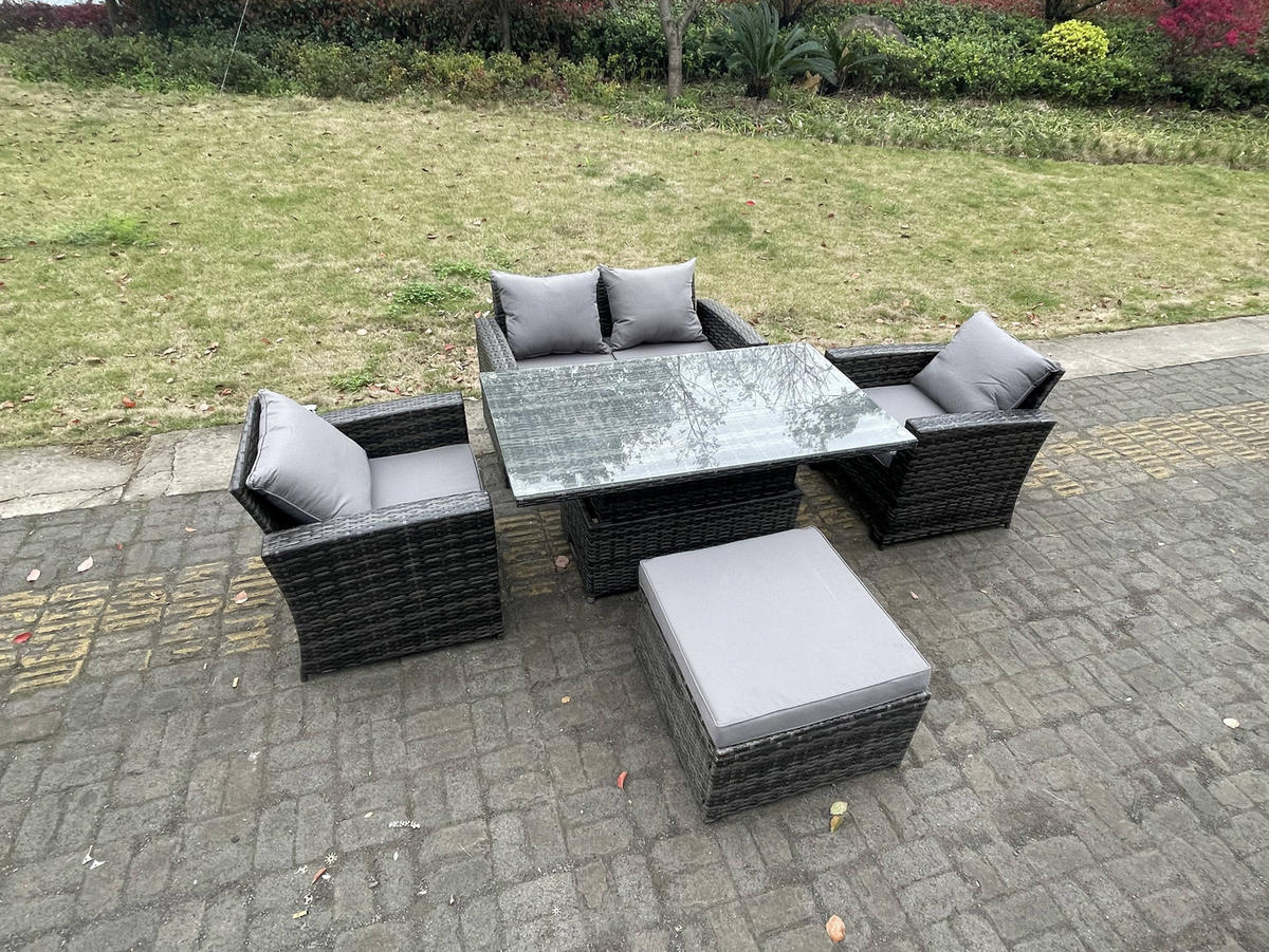 GARTENMÖBEL-SET HÖHENVERSTELLBARER ESSTISCH SESSEL SOFA MIT HOCKER Polyrattan Dunkelgrau Gemischt 5-Sitzer - Dunkelgrau, Metall - Fimous