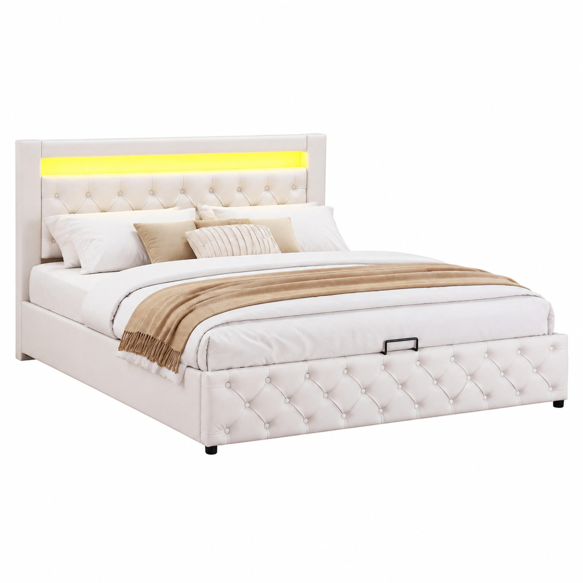 POLSTERBETT mit Bettkasten und LED 160x200 cm PU Weiß - Weiß, Metall (160/200cm) - Meubliv
